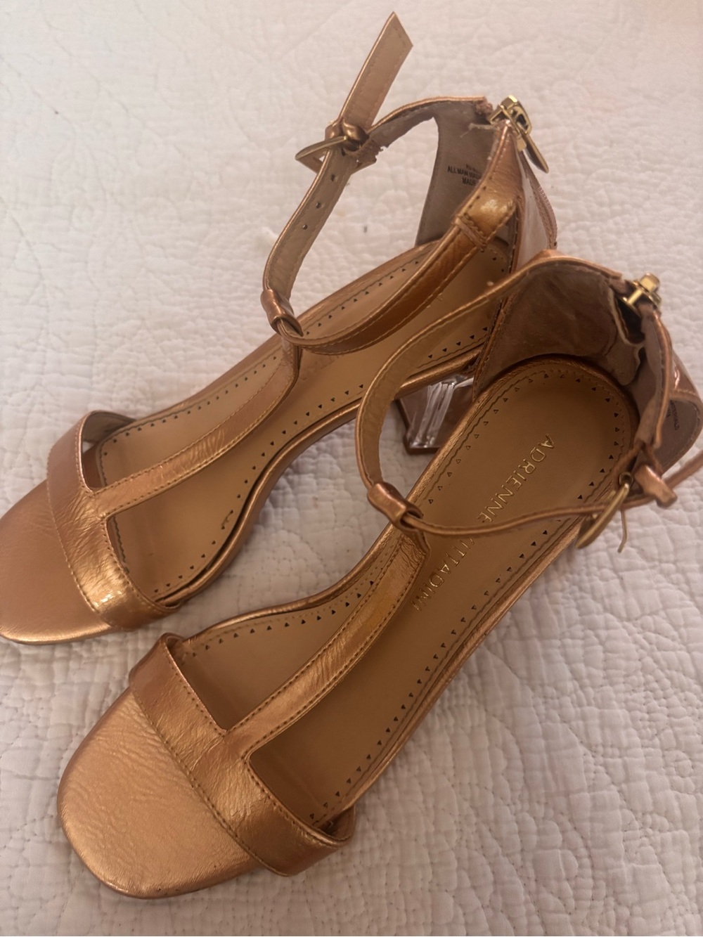 Adrienne Vittadini Rose Gold T-Strap Metallic Heels